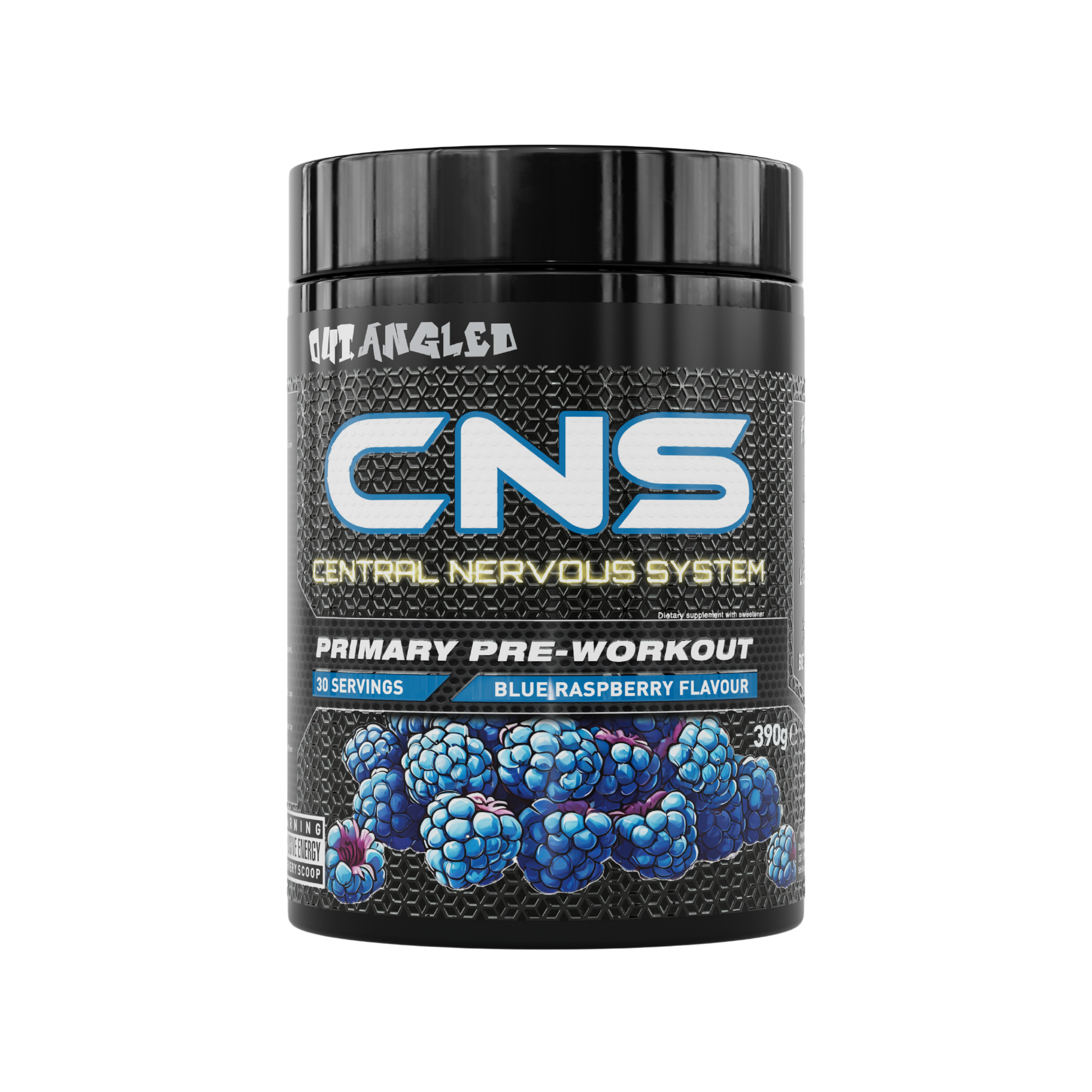 out angled cns pre-workout powder blue raspberry high strength, high caffeine